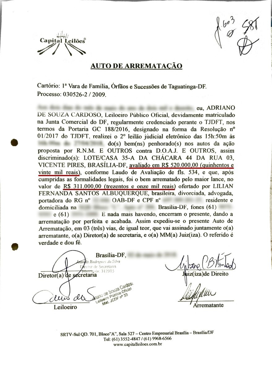 Auto de arrematação da primeira operação da Lílian